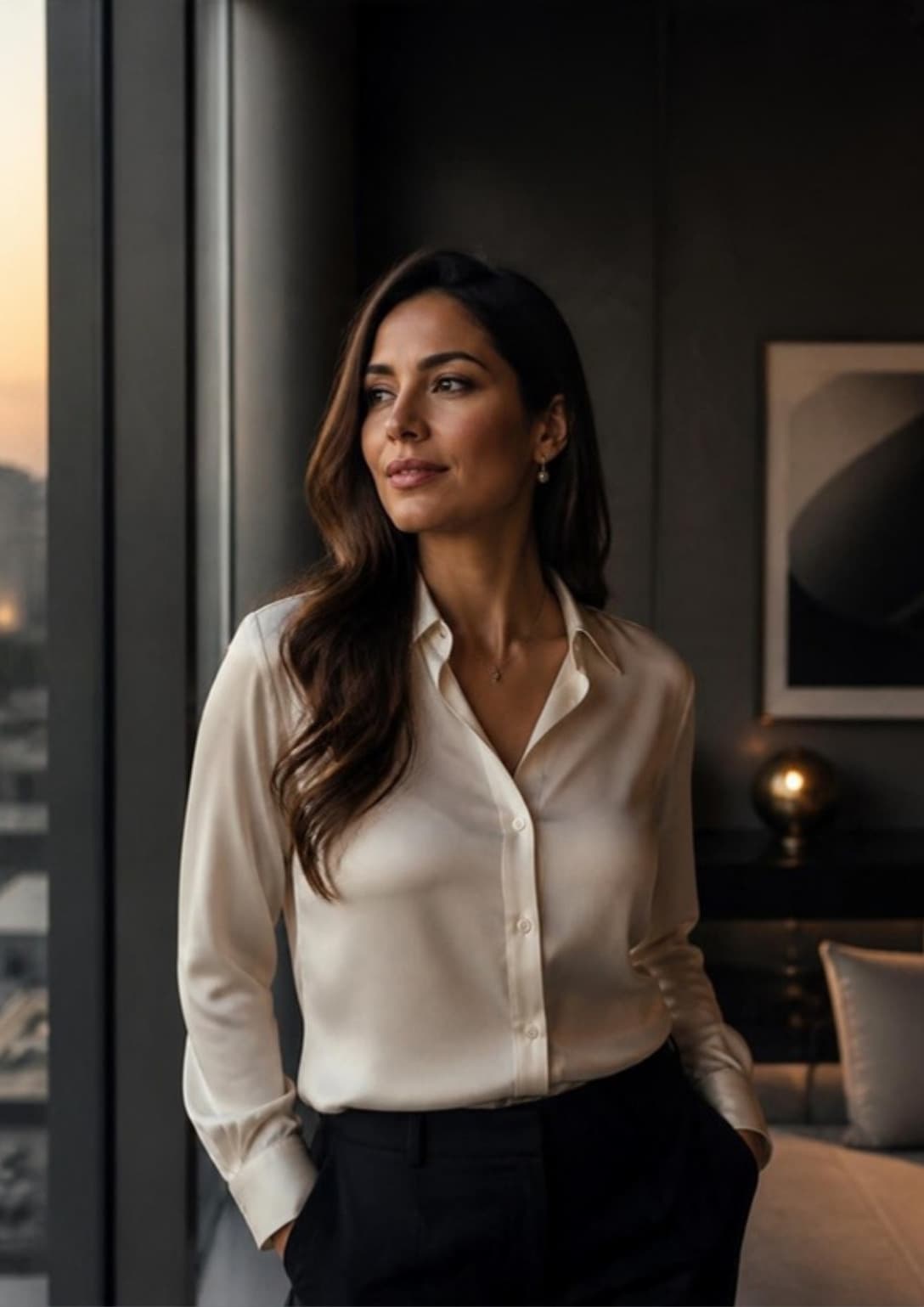 Mujer con blusa de seda junto a un ventanal al atardecer